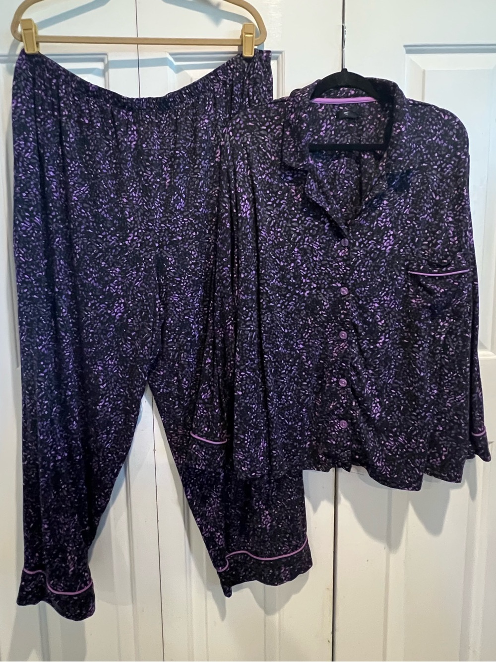2 Pc Purple💜Printed Pajama Set - Button-Down Top & Pants, Simply Vera